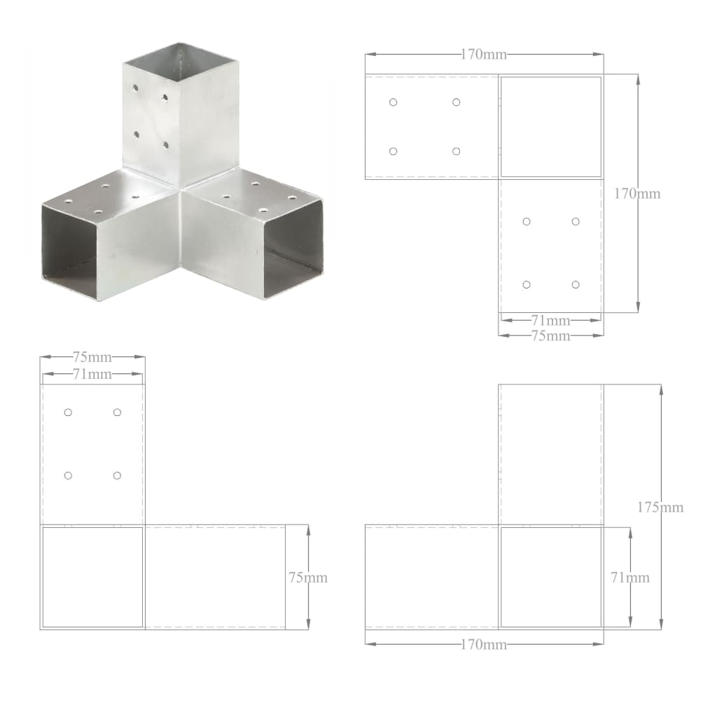 Paalverbindingen 4 st T-vorm 71x71 mm gegalvaniseerd metaal