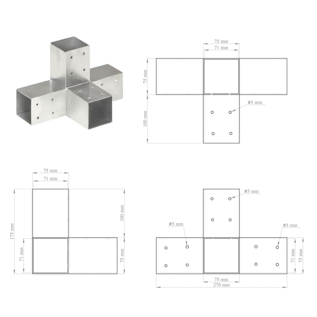 Paalverbindingen 4 st T-vorm 71x71 mm gegalvaniseerd metaal