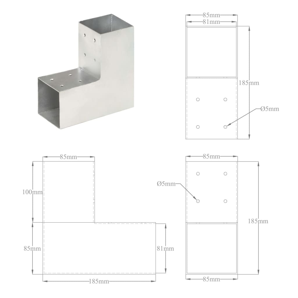 Paalverbindingen 4 st T-vorm 71x71 mm gegalvaniseerd metaal