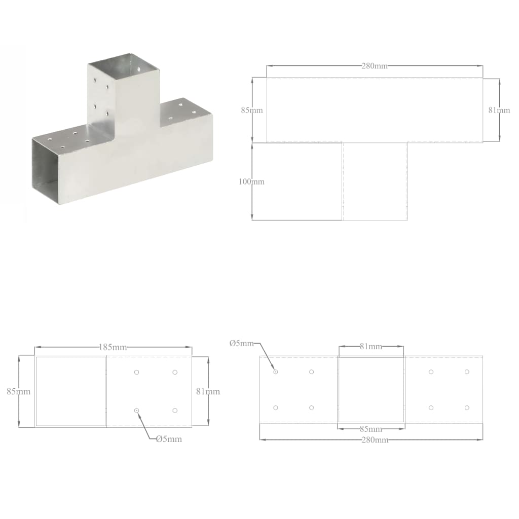 Paalverbindingen 4 st T-vorm 71x71 mm gegalvaniseerd metaal