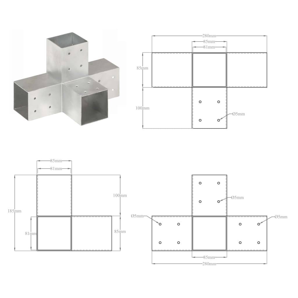 Paalverbindingen 4 st T-vorm 71x71 mm gegalvaniseerd metaal