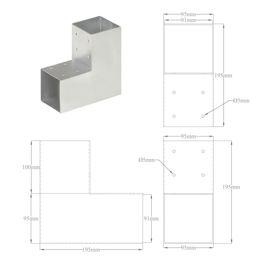 Paalverbindingen 4 st T-vorm 71x71 mm gegalvaniseerd metaal