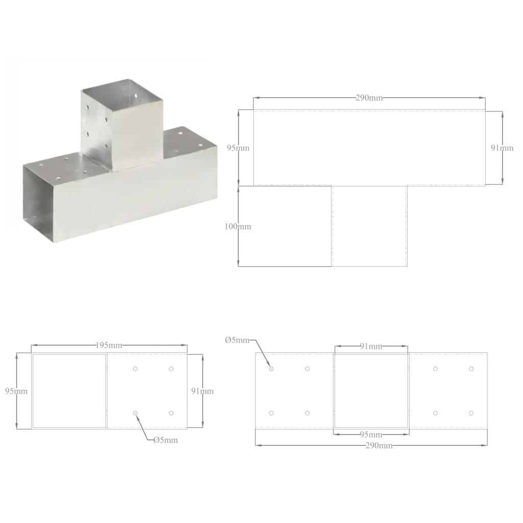 Paalverbindingen 4 st T-vorm 71x71 mm gegalvaniseerd metaal