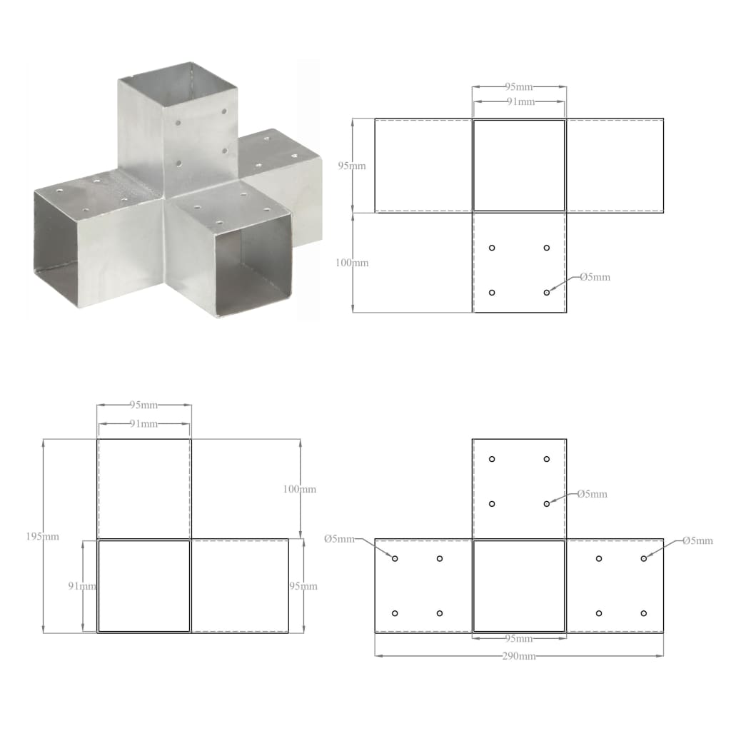 Paalverbindingen 4 st T-vorm 71x71 mm gegalvaniseerd metaal