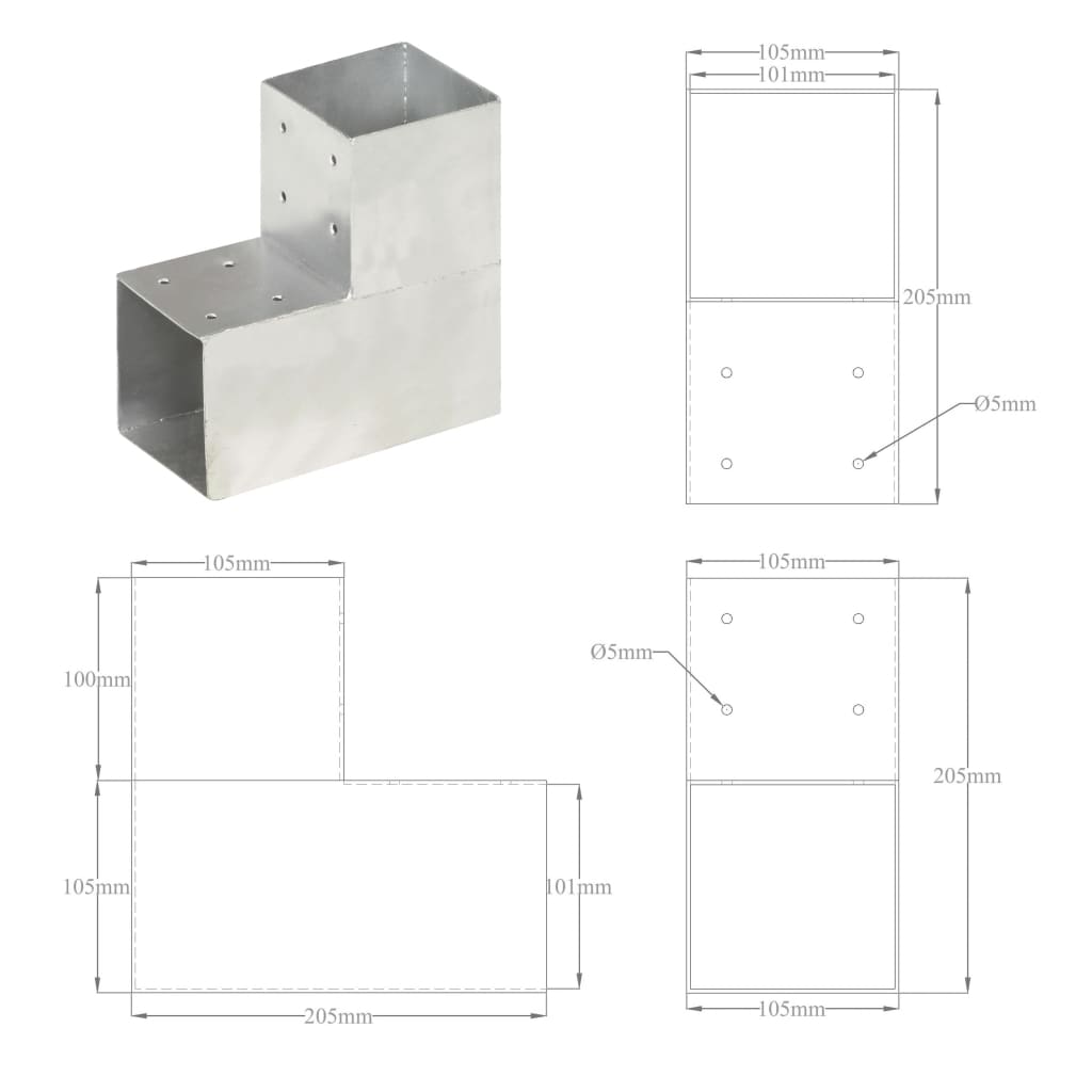 Paalverbindingen 4 st T-vorm 71x71 mm gegalvaniseerd metaal