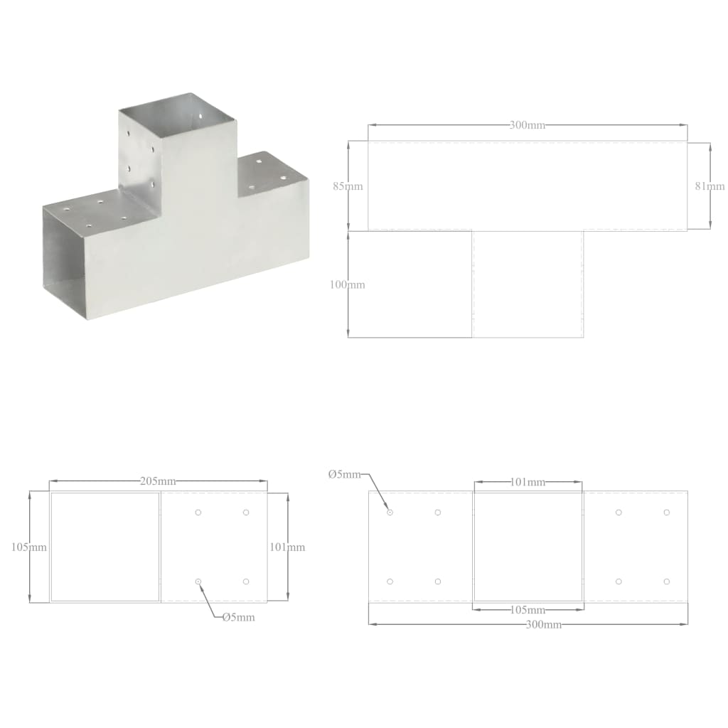 Paalverbindingen 4 st T-vorm 71x71 mm gegalvaniseerd metaal