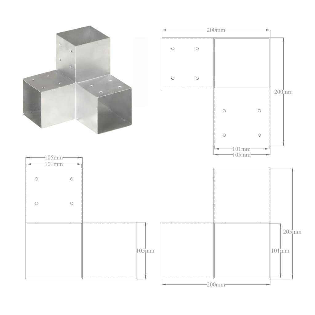 Paalverbindingen 4 st T-vorm 71x71 mm gegalvaniseerd metaal