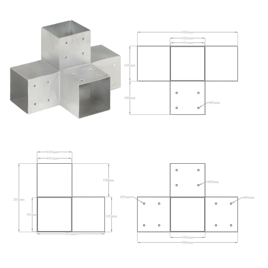 Paalverbindingen 4 st T-vorm 71x71 mm gegalvaniseerd metaal