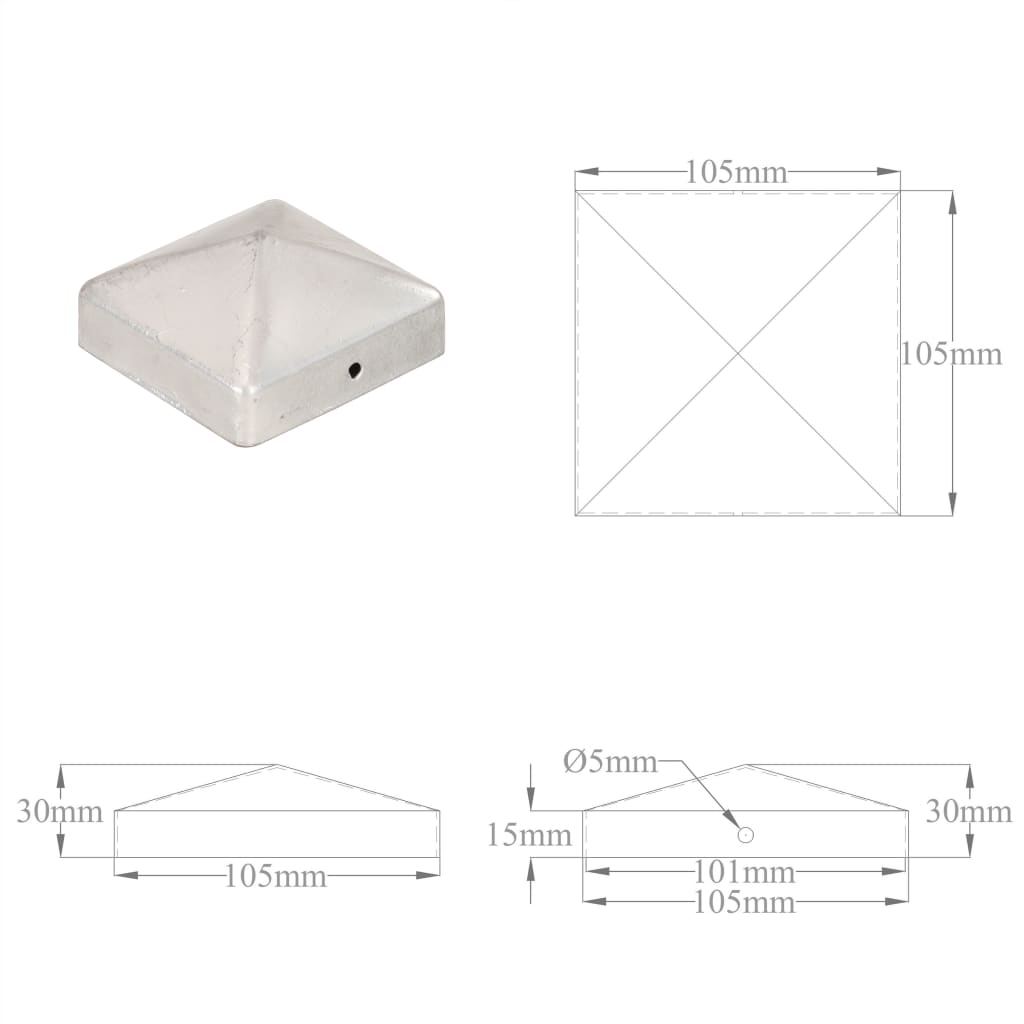 Paalkappen 6 st piramide 101x101 mm roestvrij staal