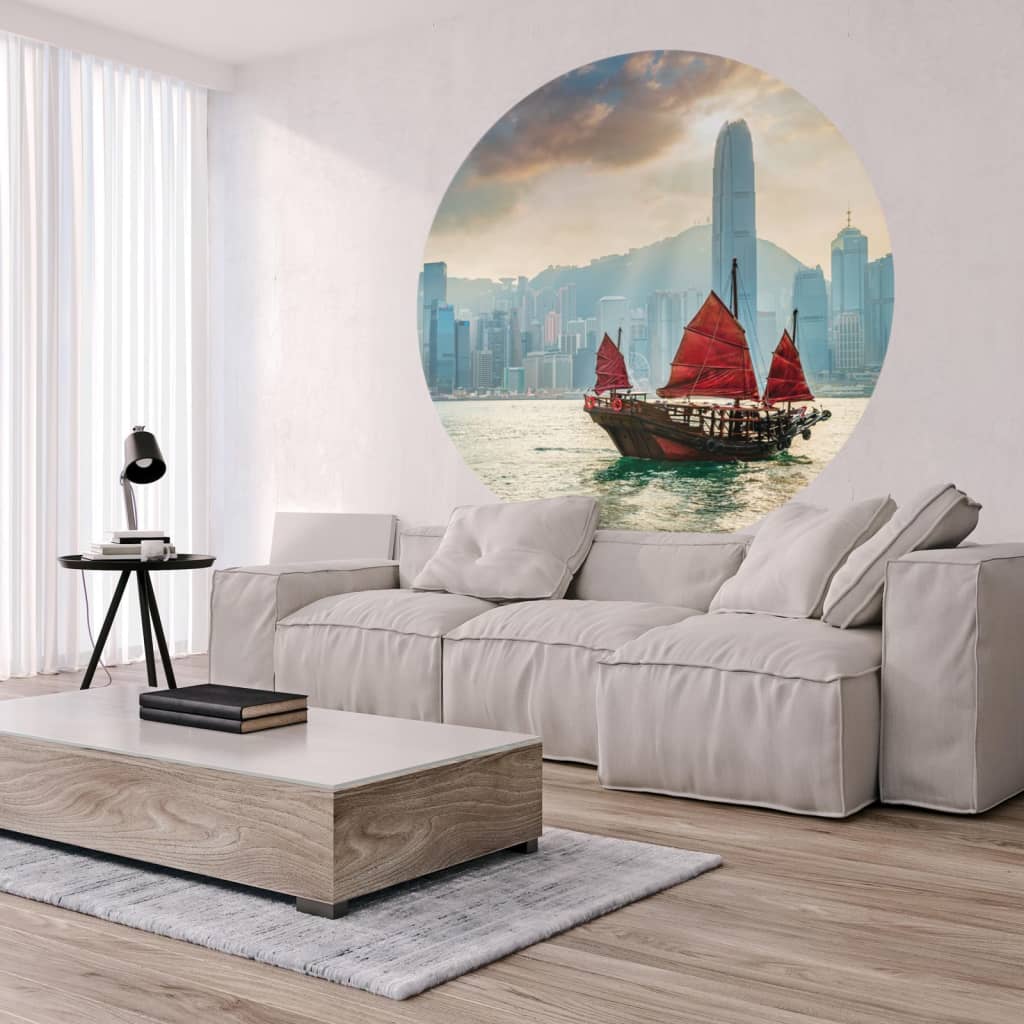 WallArt Behangcirkel Skyline with Junk Boat 142,5 cm