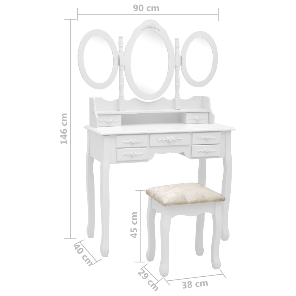 Kaptafel met kruk en drievoudige spiegel