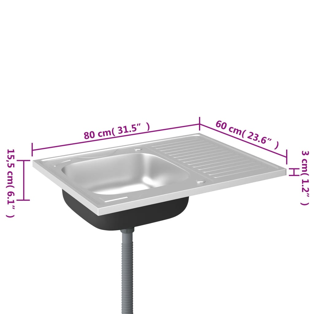 Gootsteen met afvoerset 800x500x155 mm roestvrij staal zilver