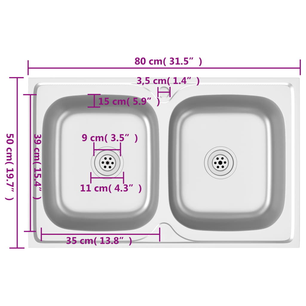 Gootsteen met dubbele bak 800x600x155 mm roestvrij staal zilver