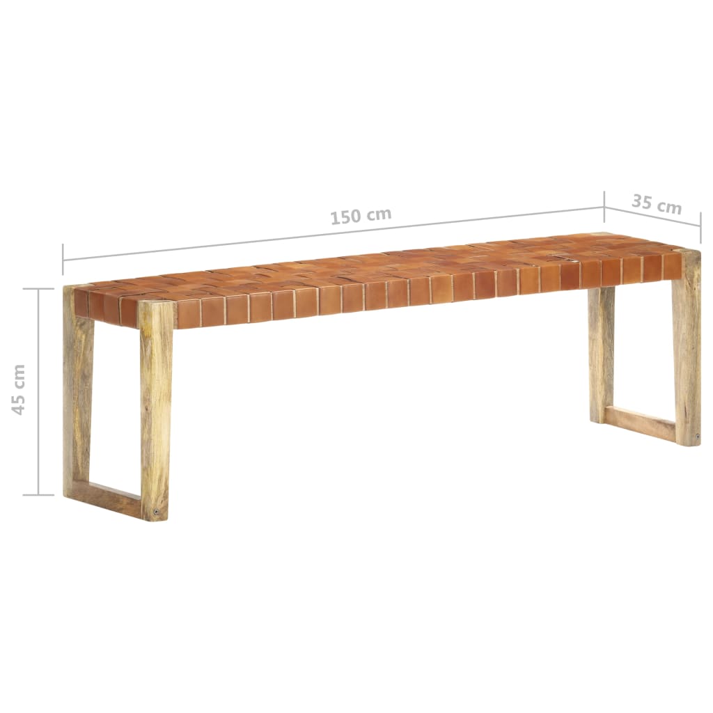 Bankje 110 cm echt leer en massief mangohout bruin