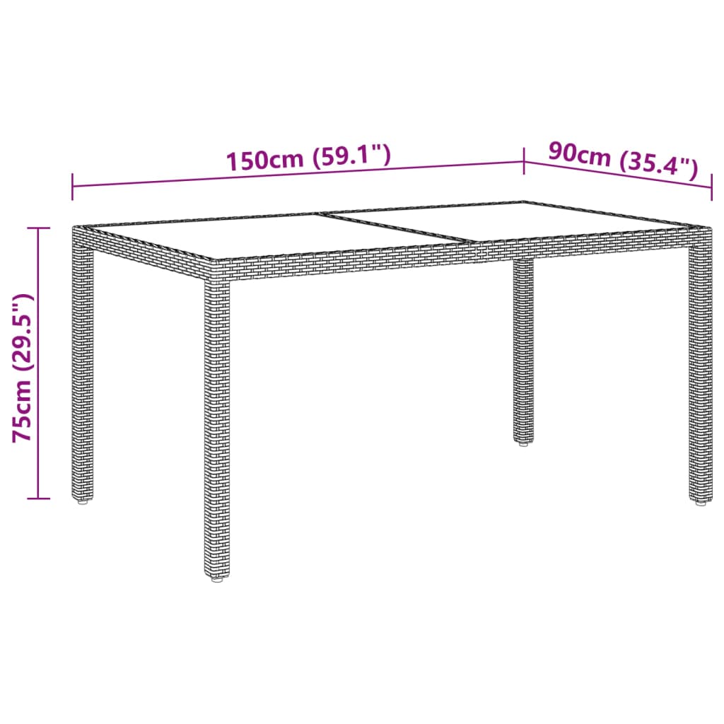 Tuintafel 150x90x75 cm gehard glas en poly rattan beige