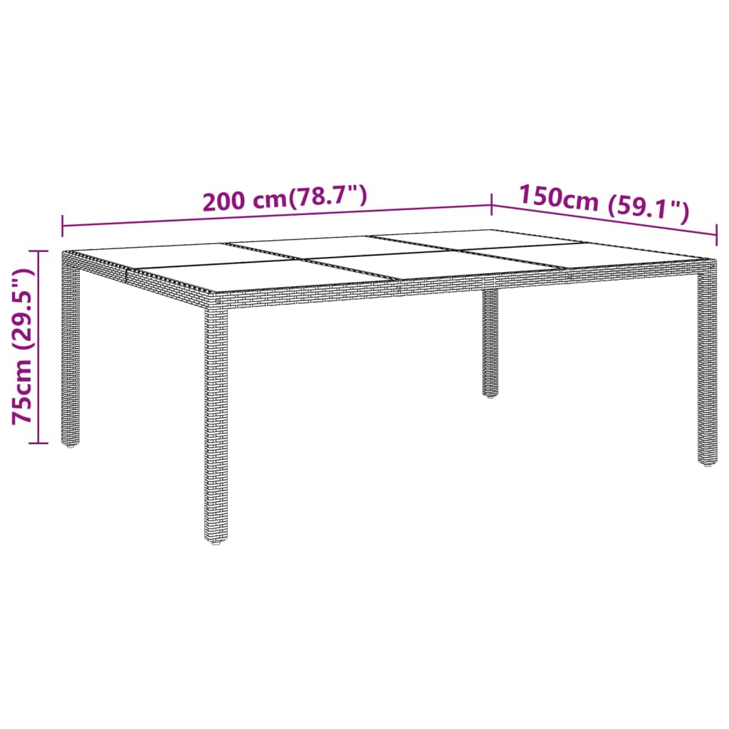 Tuintafel 200x150x75 cm gehard glas en poly rattan