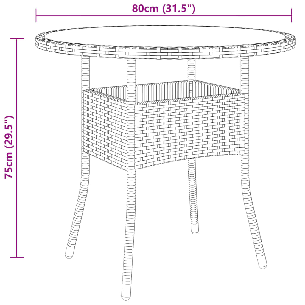 Tuintafel Ø80x75 cm gehard glas en poly rattan