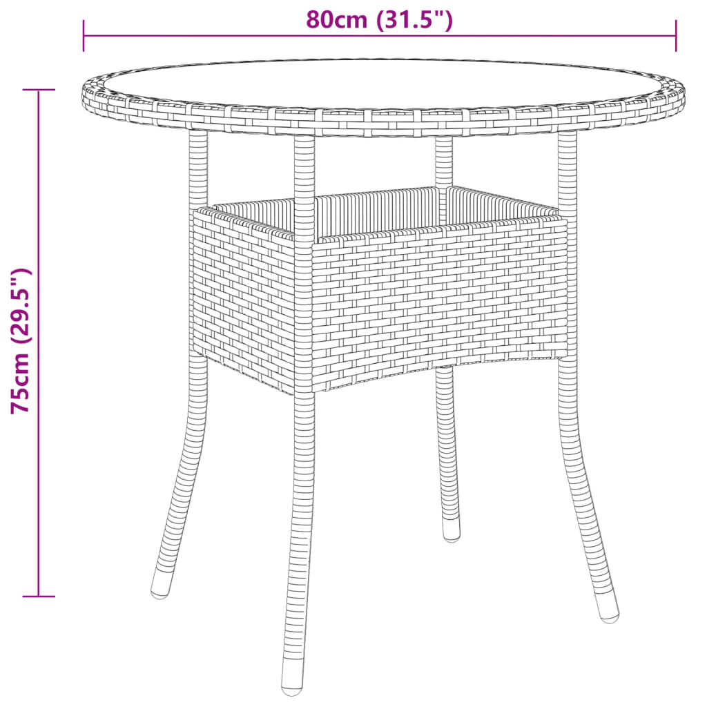 Tuintafel Ø80x75 cm gehard glas en poly rattan