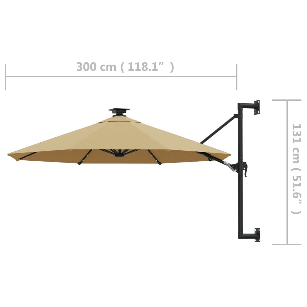 Wandparasol met LED's en metalen paal 300 cm zandkleurig