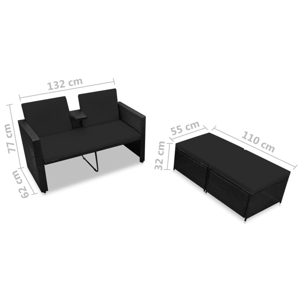 3-delige Loungeset met kussens poly rattan