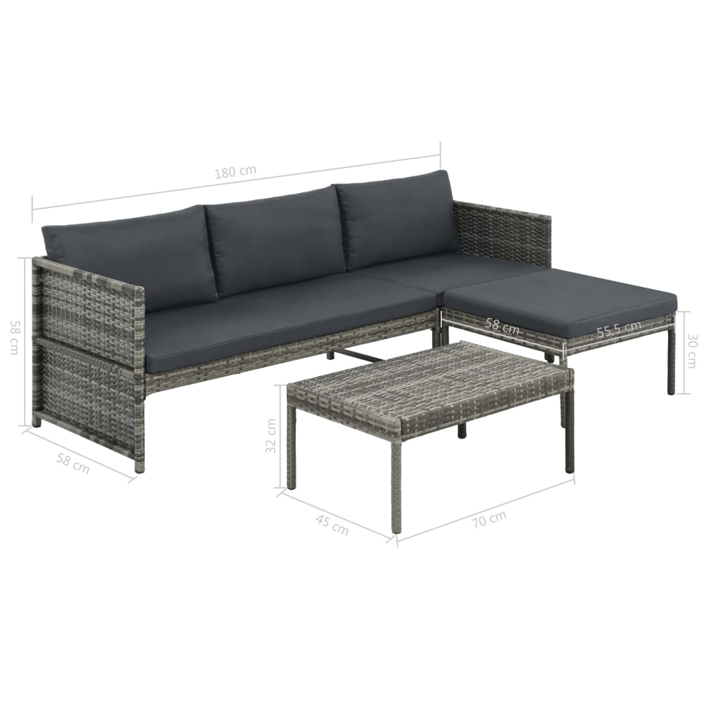 3-delige Loungeset met kussens poly rattan zwart