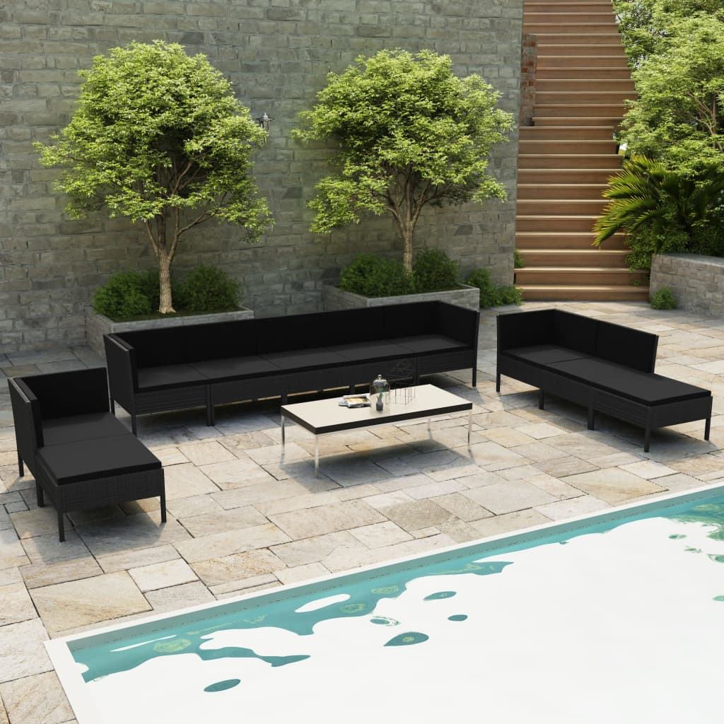 10-delige Loungeset met kussens poly rattan zwart