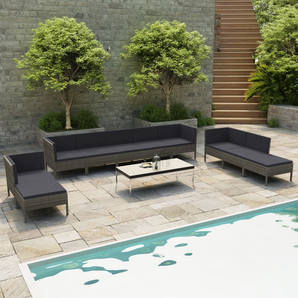 10-delige Loungeset met kussens poly rattan zwart