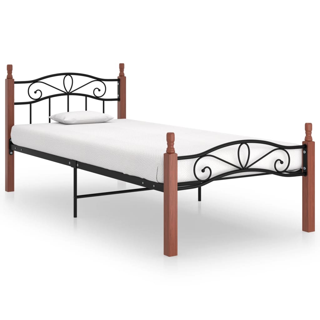 Bedframe metaal en massief eikenhout zwart 180x200 cm