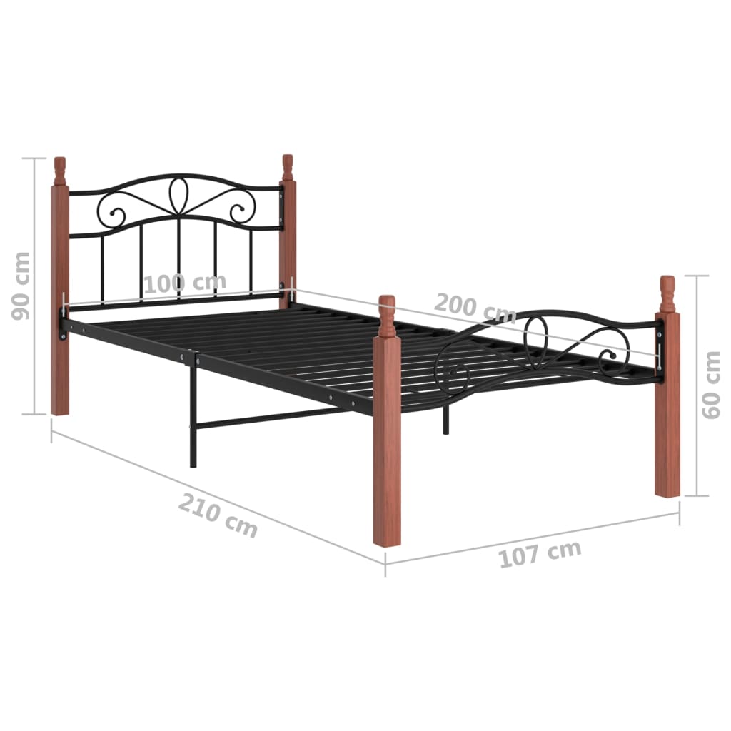 Bedframe metaal en massief eikenhout zwart 180x200 cm