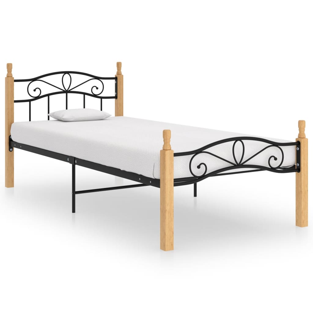 Bedframe metaal en massief eikenhout zwart 180x200 cm