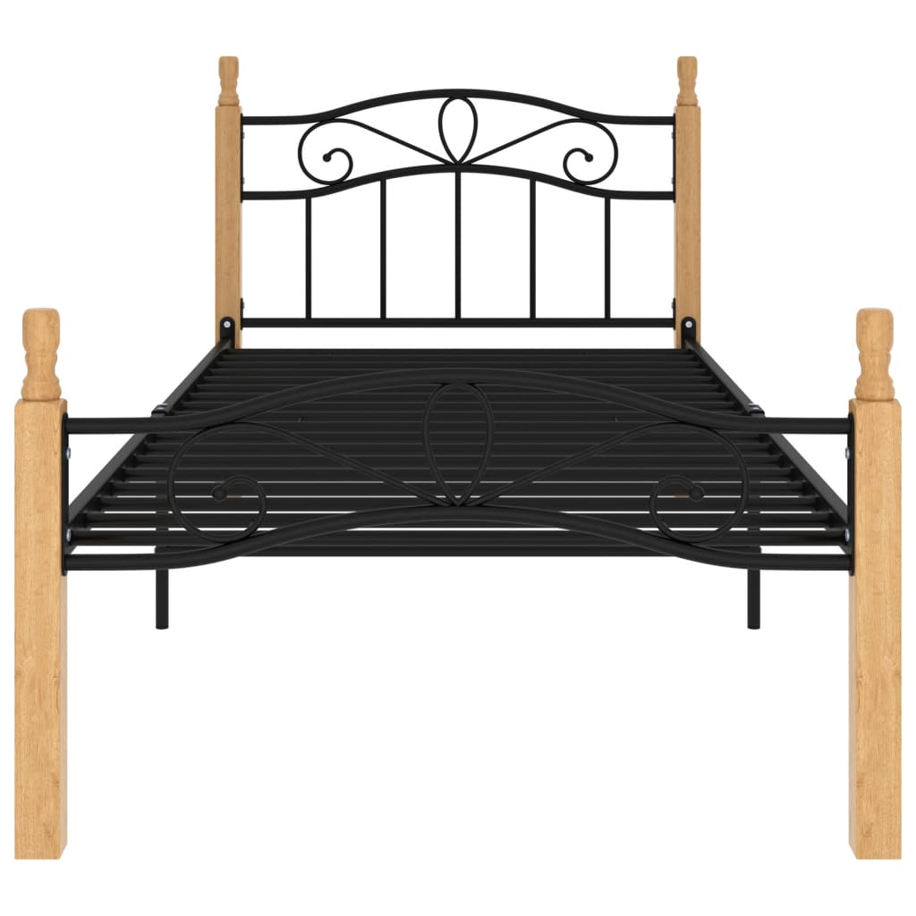 Bedframe metaal en massief eikenhout zwart 180x200 cm