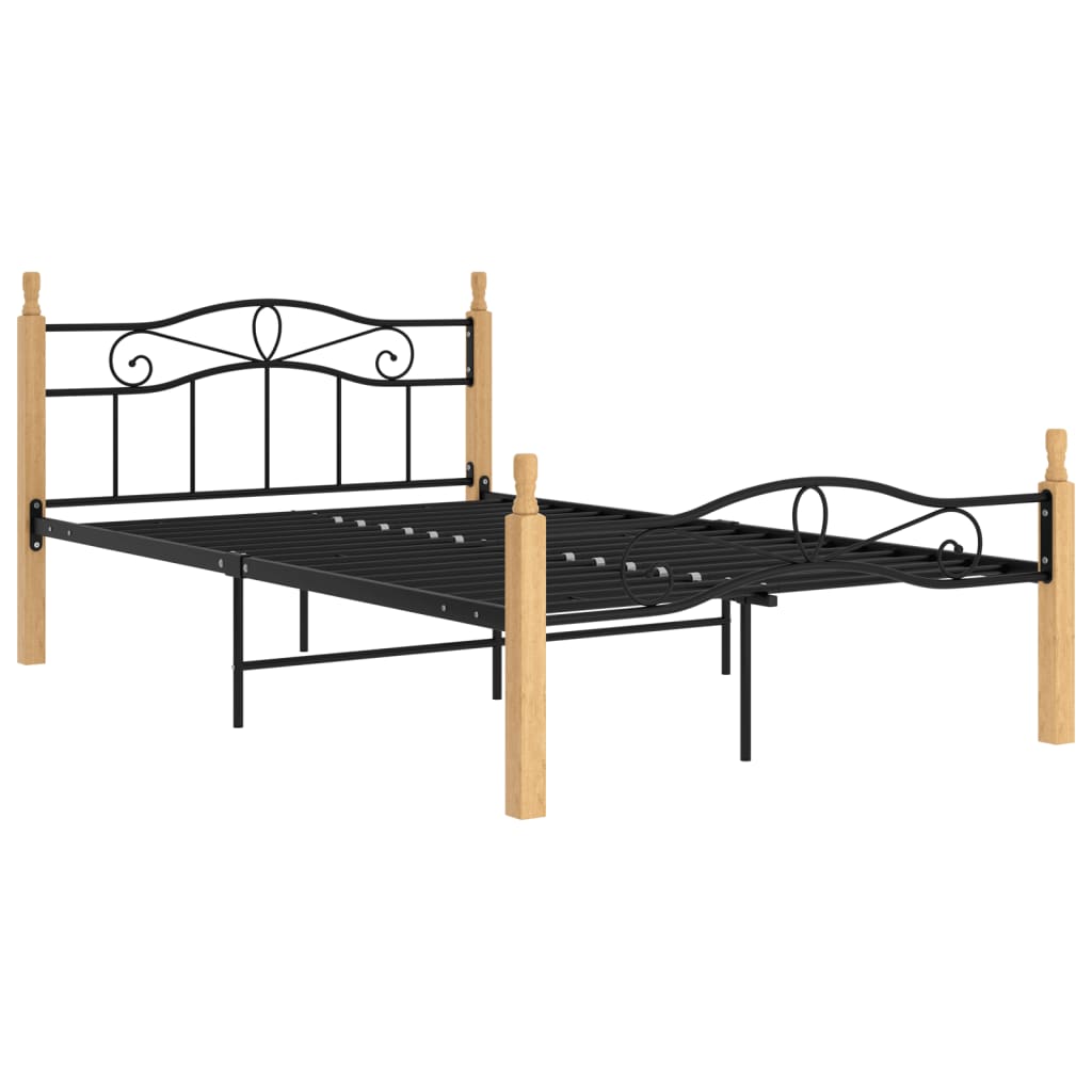 Bedframe metaal en massief eikenhout zwart 180x200 cm