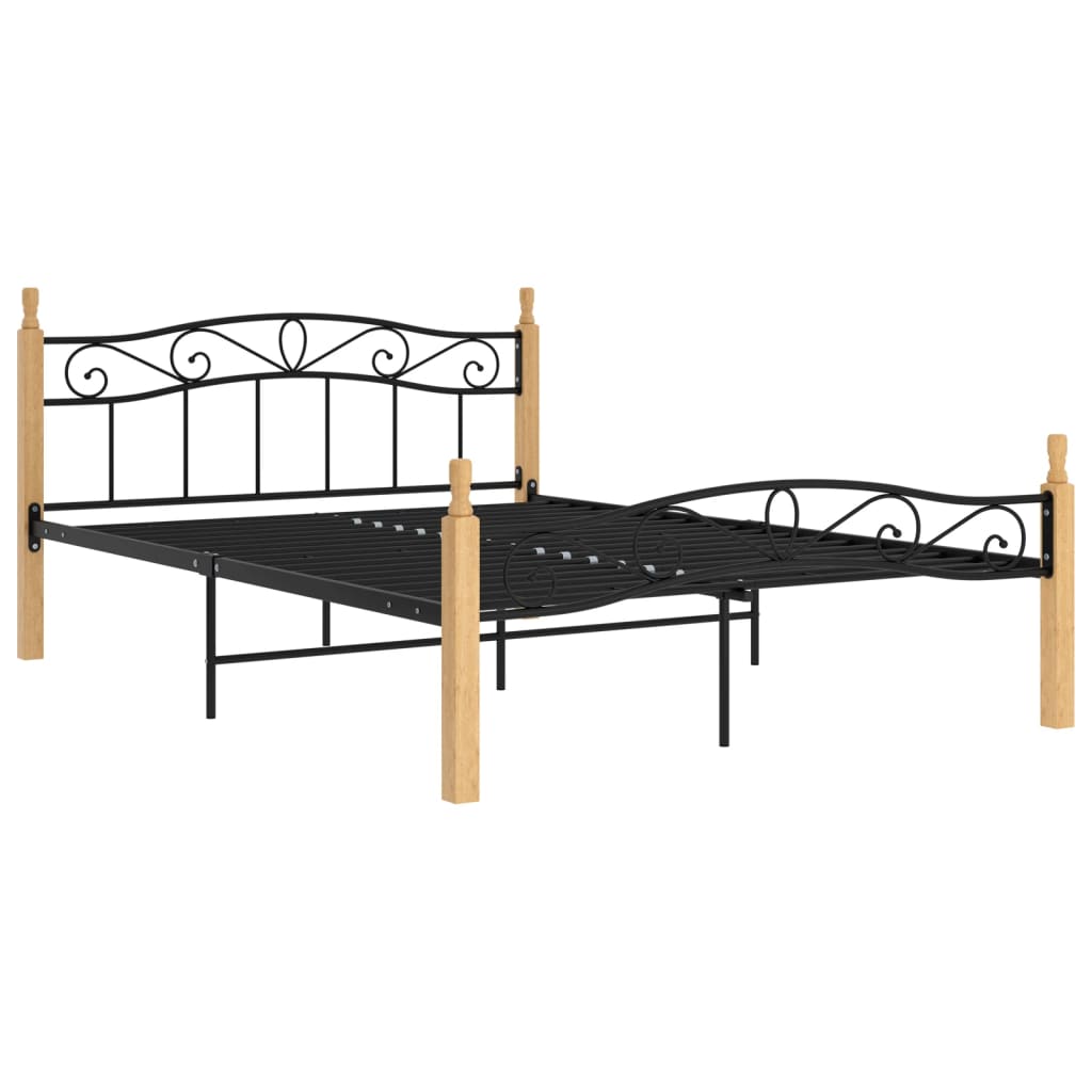 Bedframe metaal en massief eikenhout zwart 180x200 cm