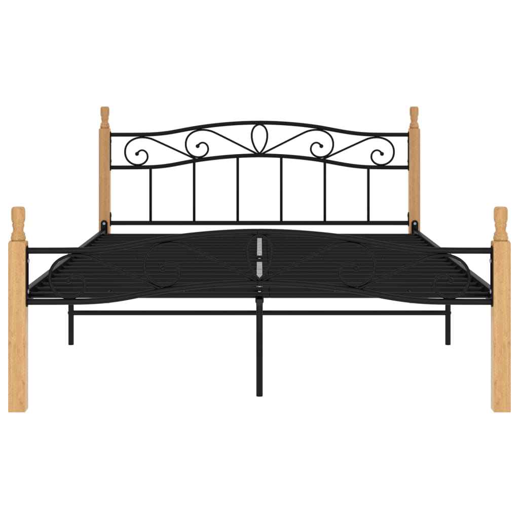 Bedframe metaal en massief eikenhout zwart 180x200 cm