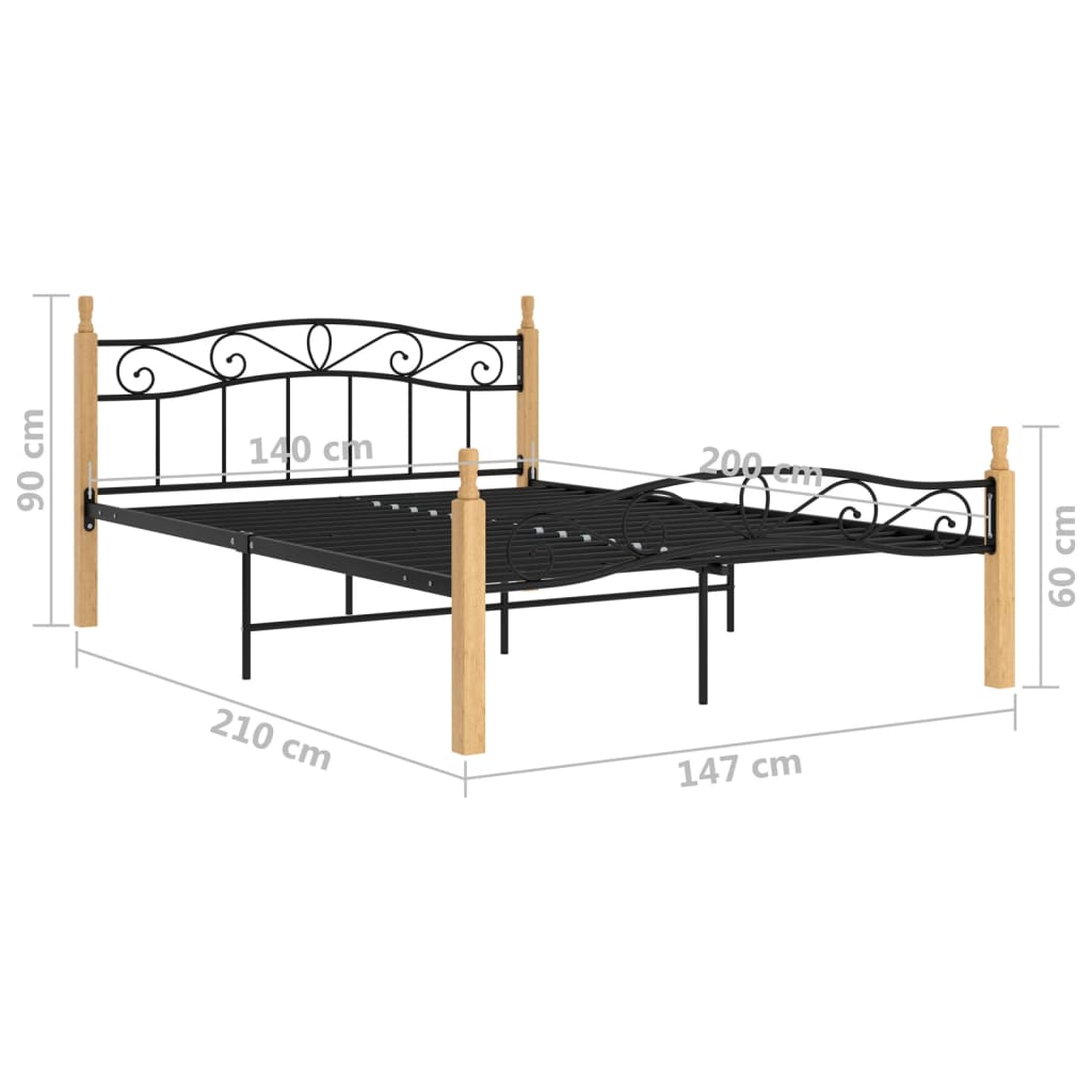 Bedframe metaal en massief eikenhout zwart 180x200 cm