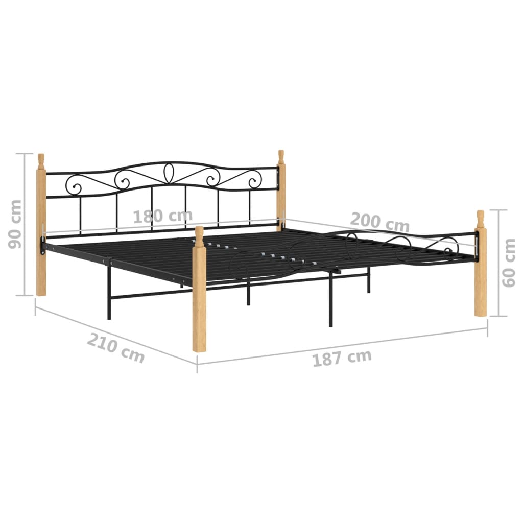 Bedframe metaal en massief eikenhout zwart 180x200 cm