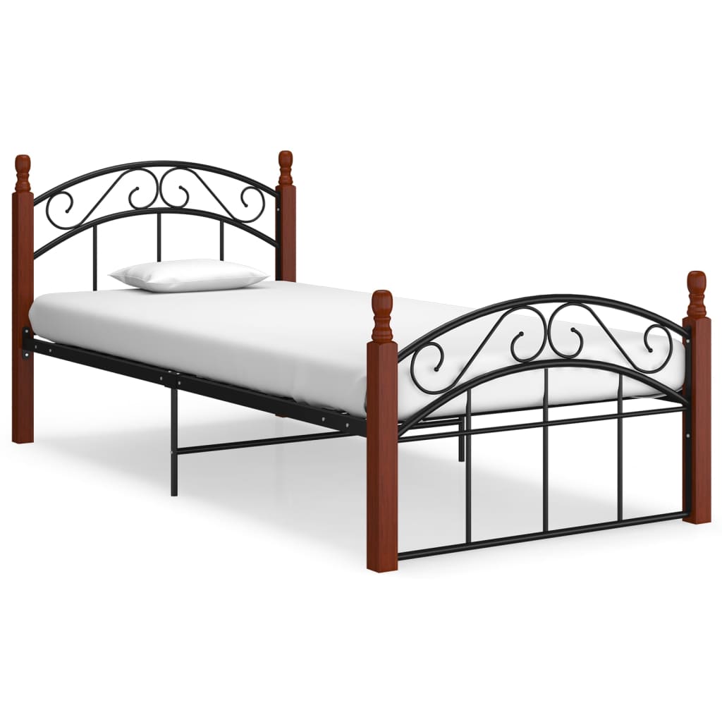 Bedframe metaal en massief eikenhout zwart 90x200 cm