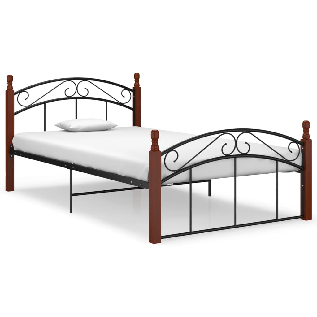 Bedframe metaal en massief eikenhout zwart 90x200 cm