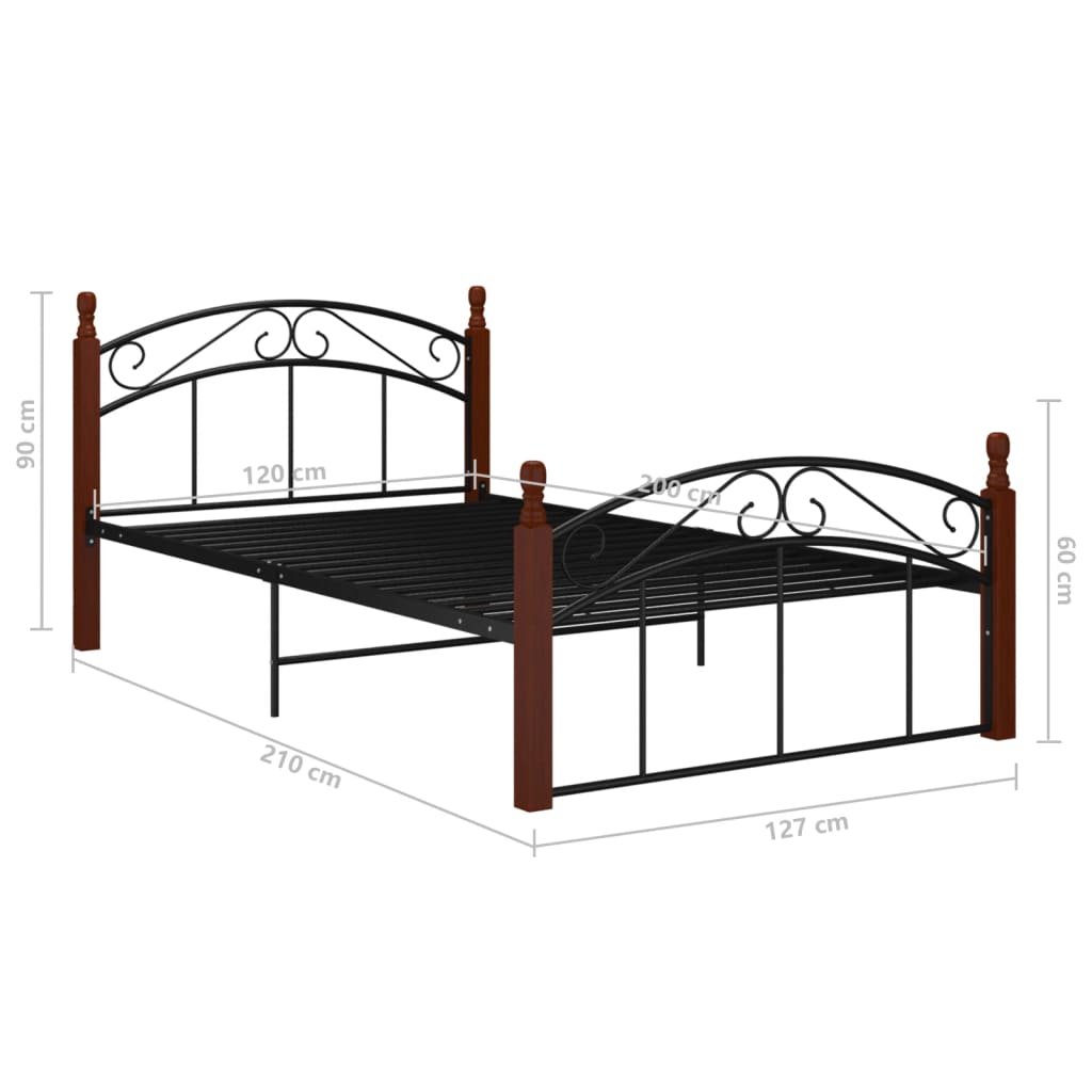 Bedframe metaal en massief eikenhout zwart 90x200 cm