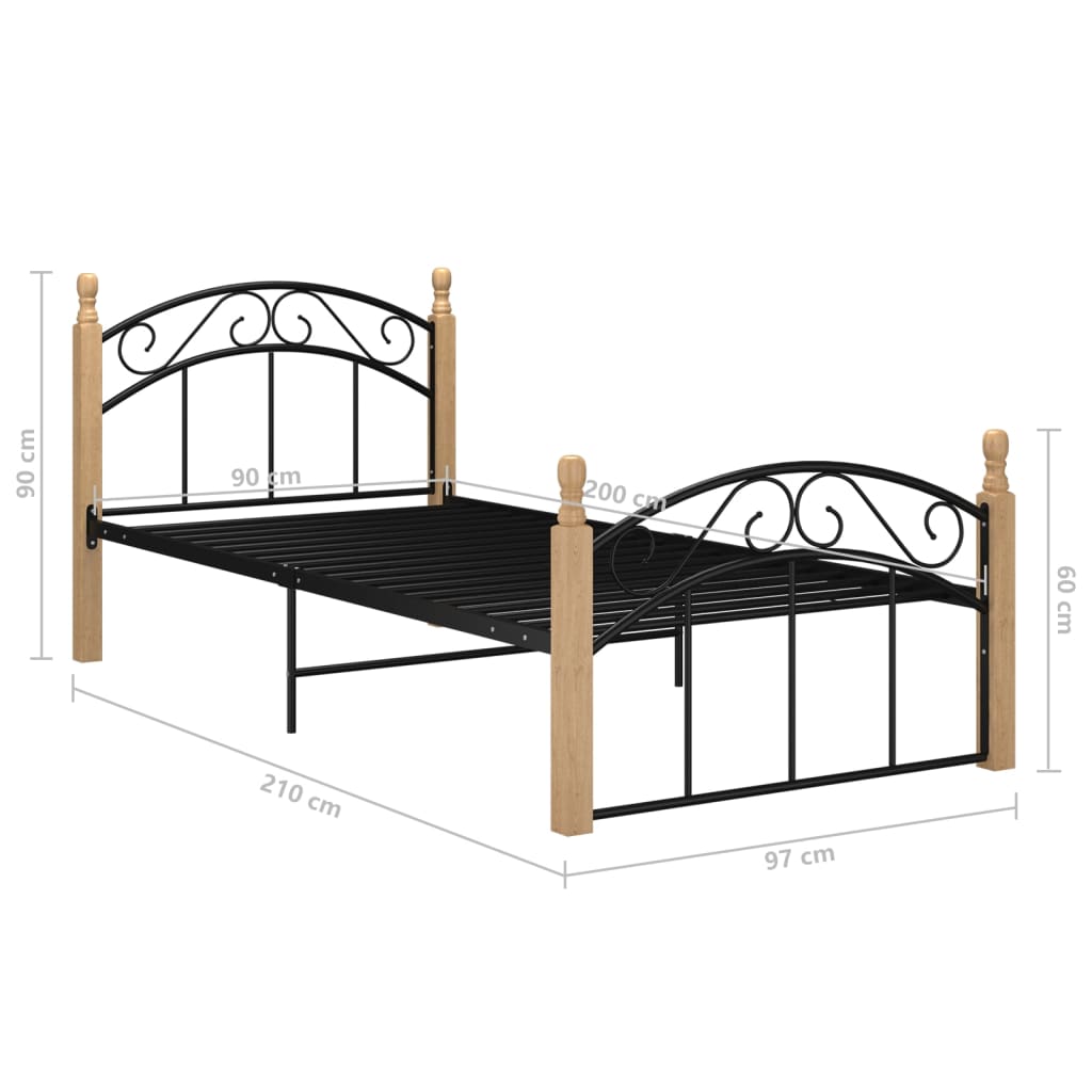 Bedframe metaal en massief eikenhout zwart 90x200 cm