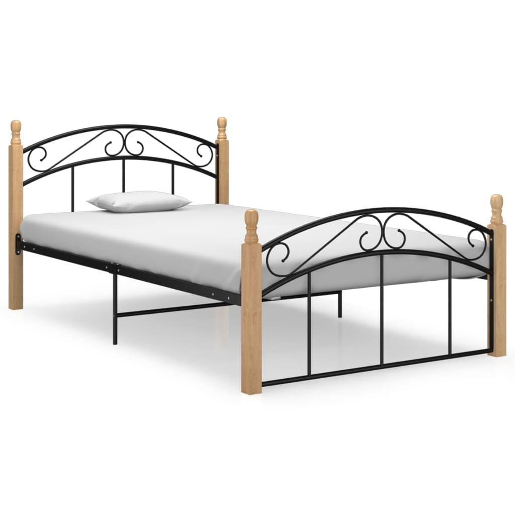 Bedframe metaal en massief eikenhout zwart 90x200 cm