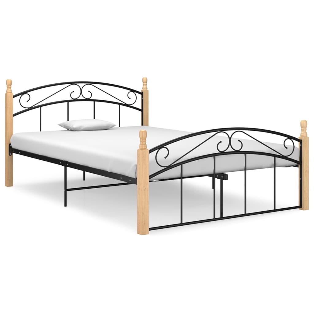 Bedframe metaal en massief eikenhout zwart 90x200 cm