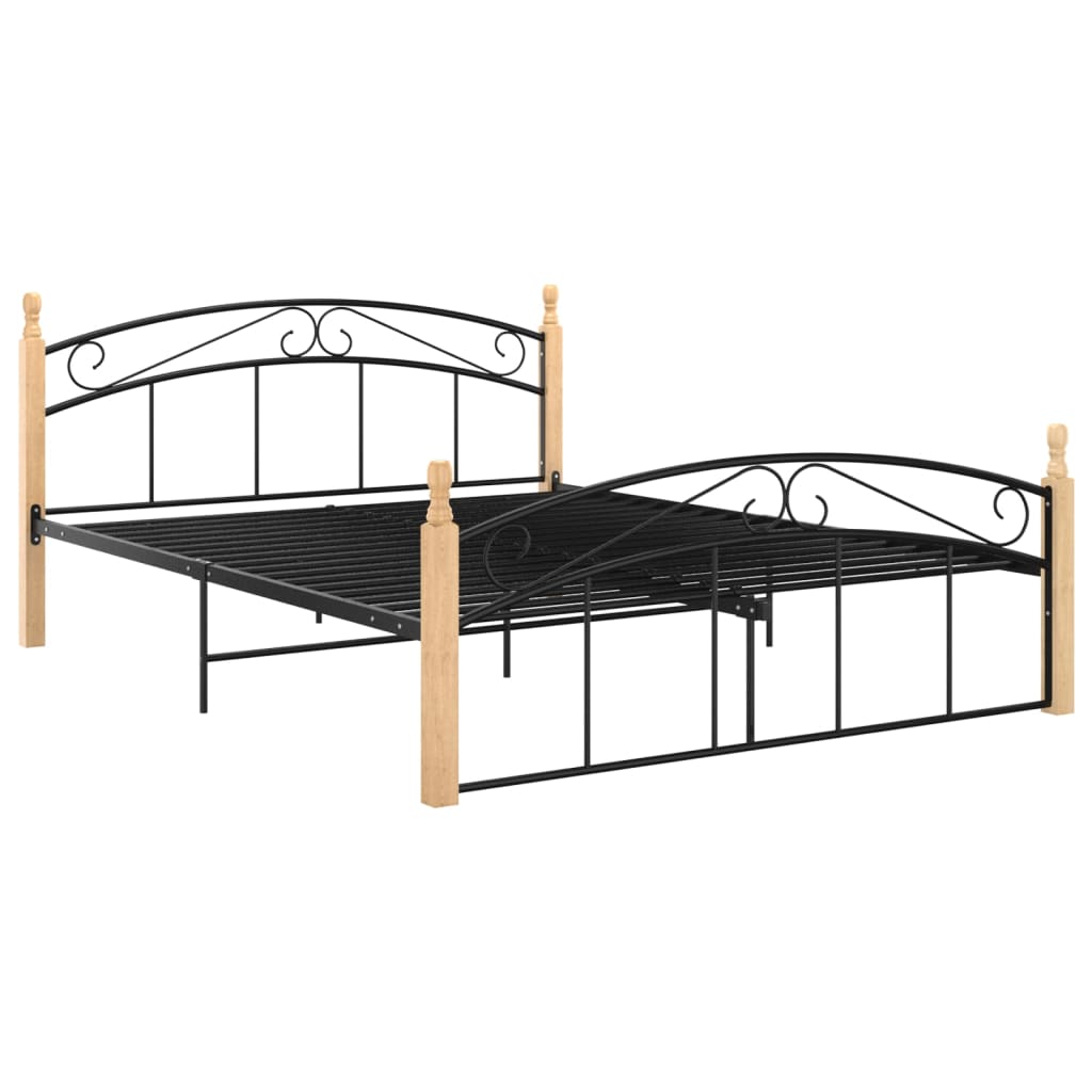 Bedframe metaal en massief eikenhout zwart 90x200 cm