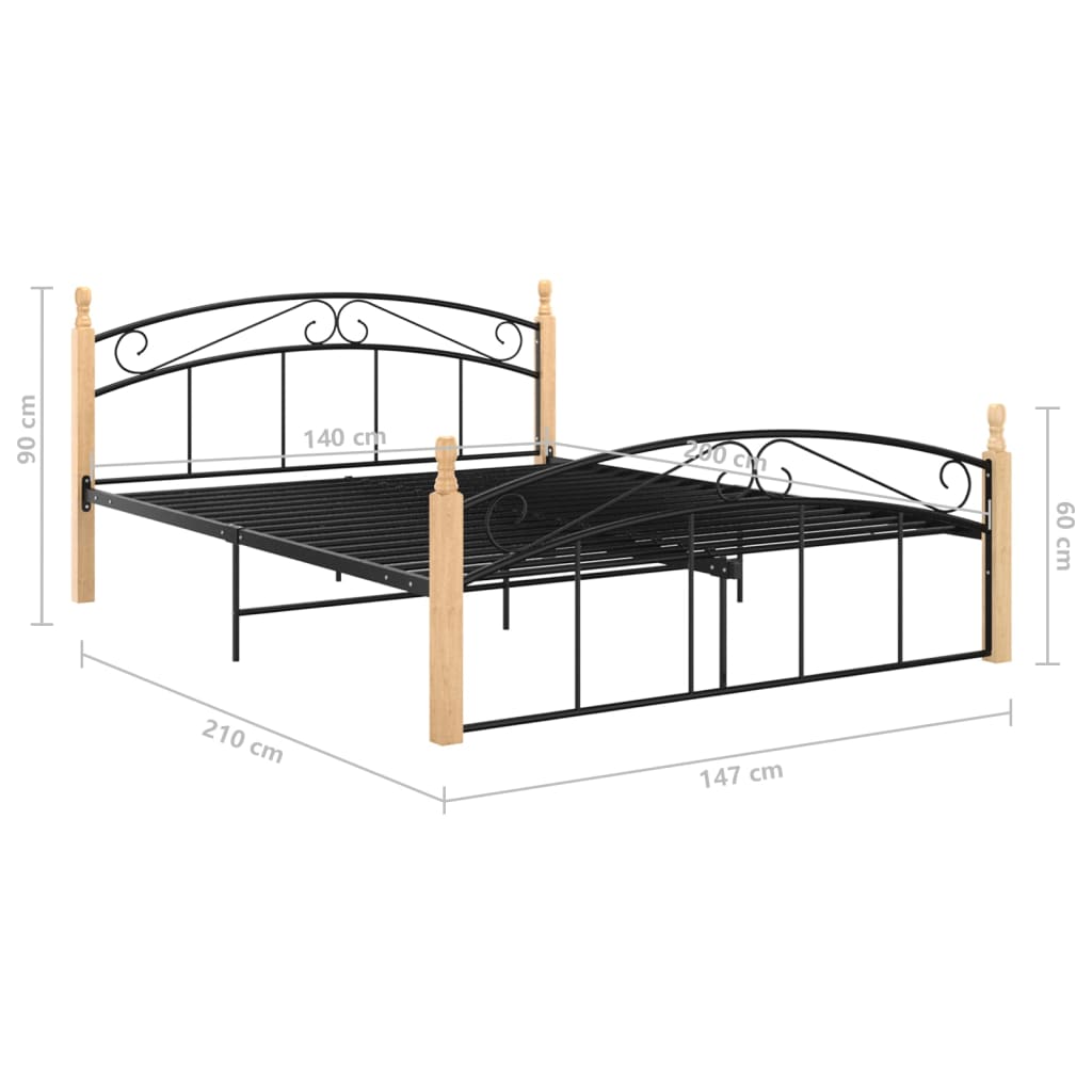 Bedframe metaal en massief eikenhout zwart 90x200 cm