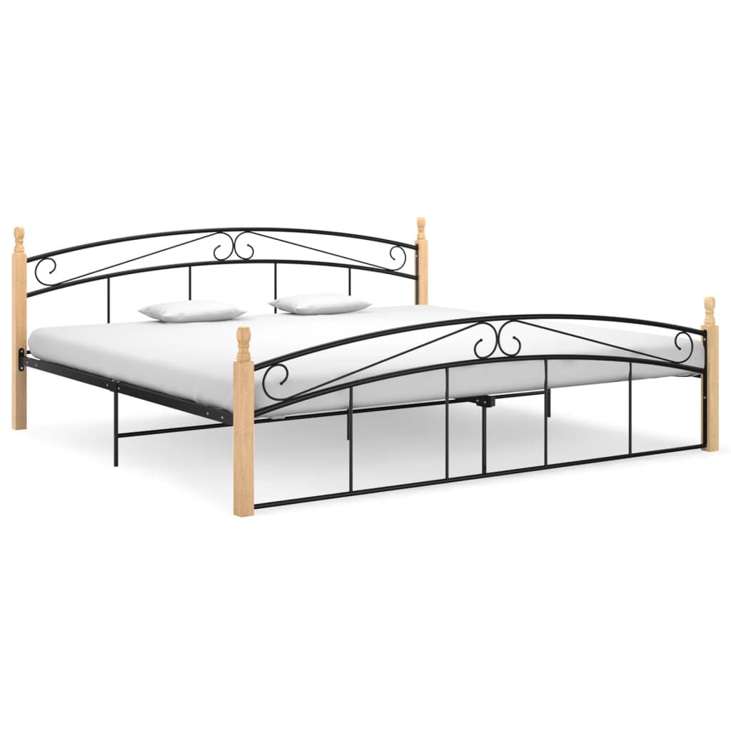 Bedframe metaal en massief eikenhout zwart 90x200 cm