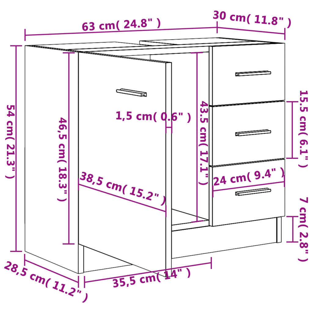 Wastafelkast 63x30x54 cm bewerkt hout betongrijs