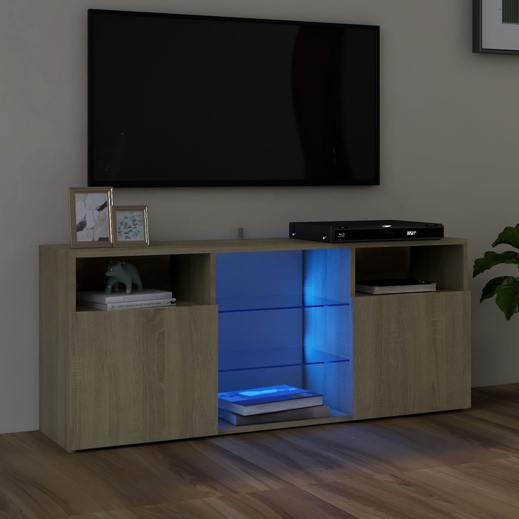 Tv-meubel met LED 120x30x50 cm bewerkt hout artisanaal eiken