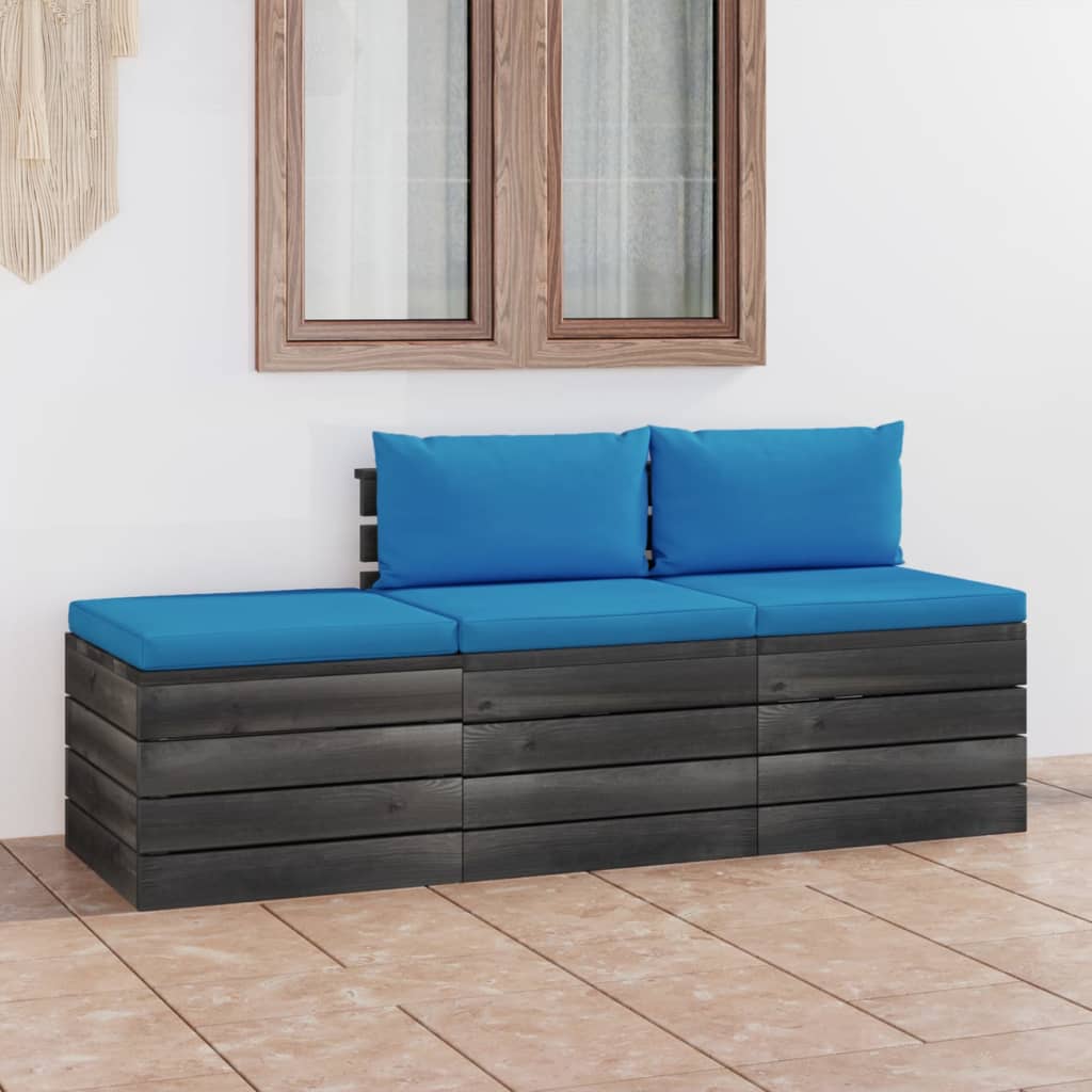 3-delige Loungeset met kussens pallet massief grenenhout