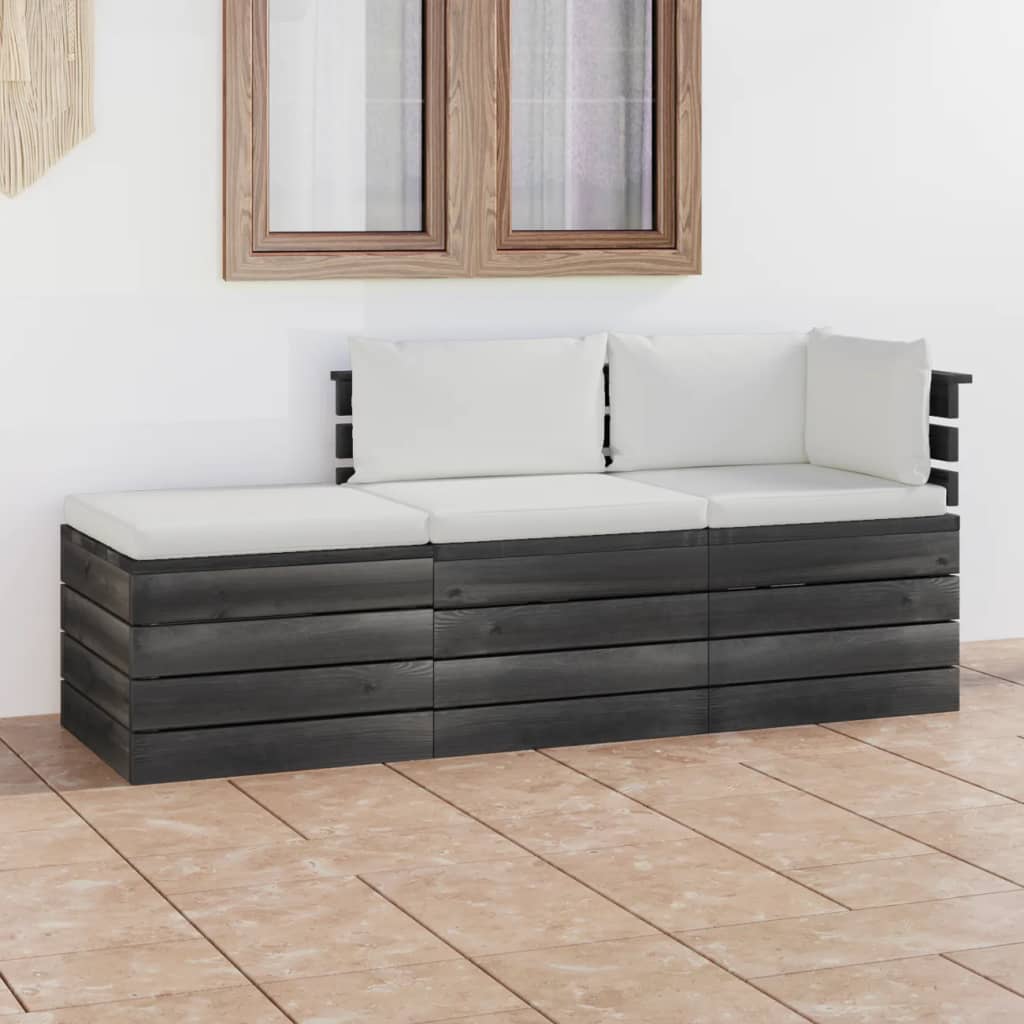 3-delige Loungeset met kussens pallet massief grenenhout