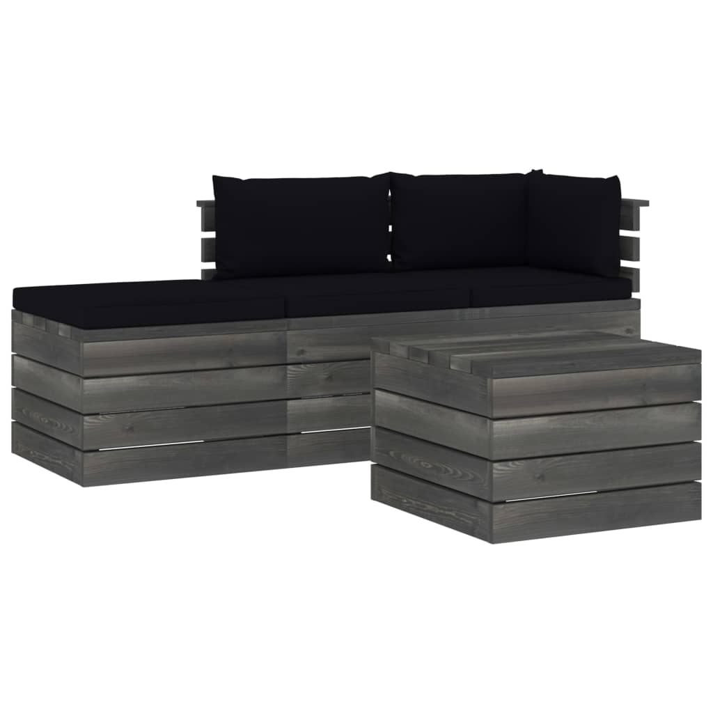 4-delige Loungeset met kussens pallet massief grenenhout